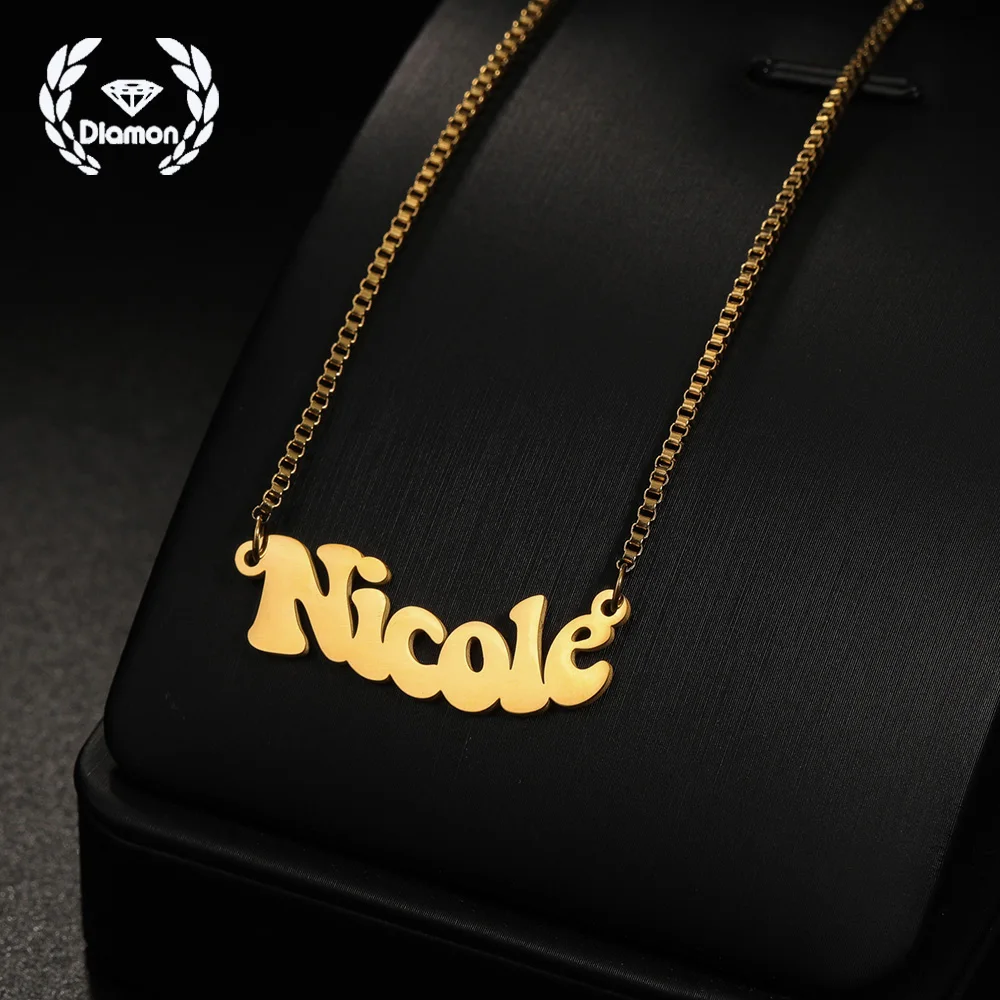 

Diamon New Personalized Custom Name Necklace Stainless Steel Jewelry Bold Radian Nameplate Box Chain for Women Jewelry Gift