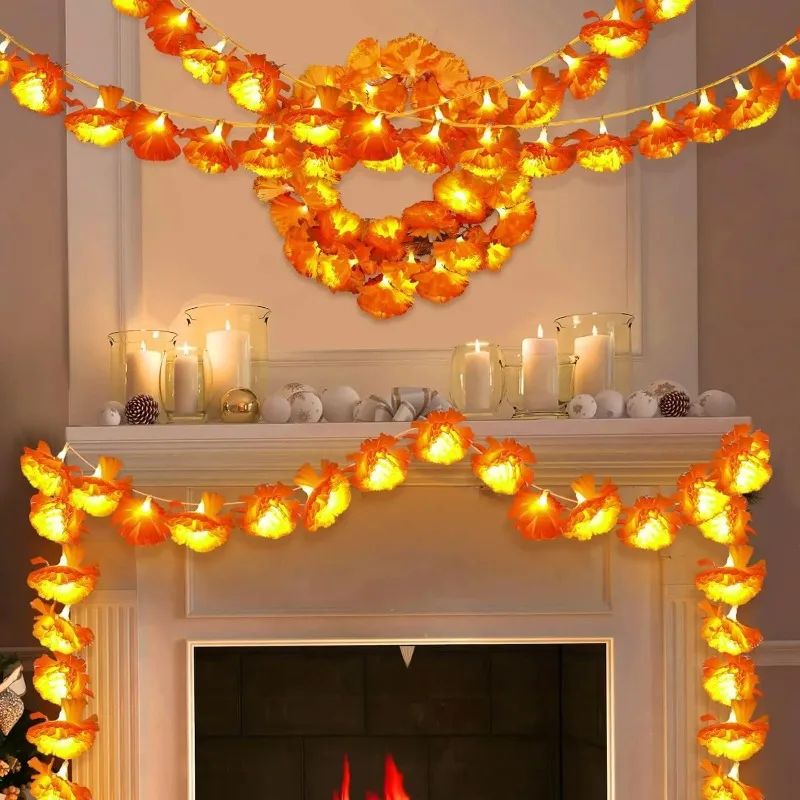 Battery Box Type Lighted Marigold Garland, Decor for Dia De Los Muertos, Diwali, Halloween, Altar, Home & Outdoor Party Ornament