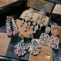2023 Women Papalacha Pink Gemstone Grape String Antique Feel Plated 18K Gold Powder Flower Bouquet Zircon Earrings