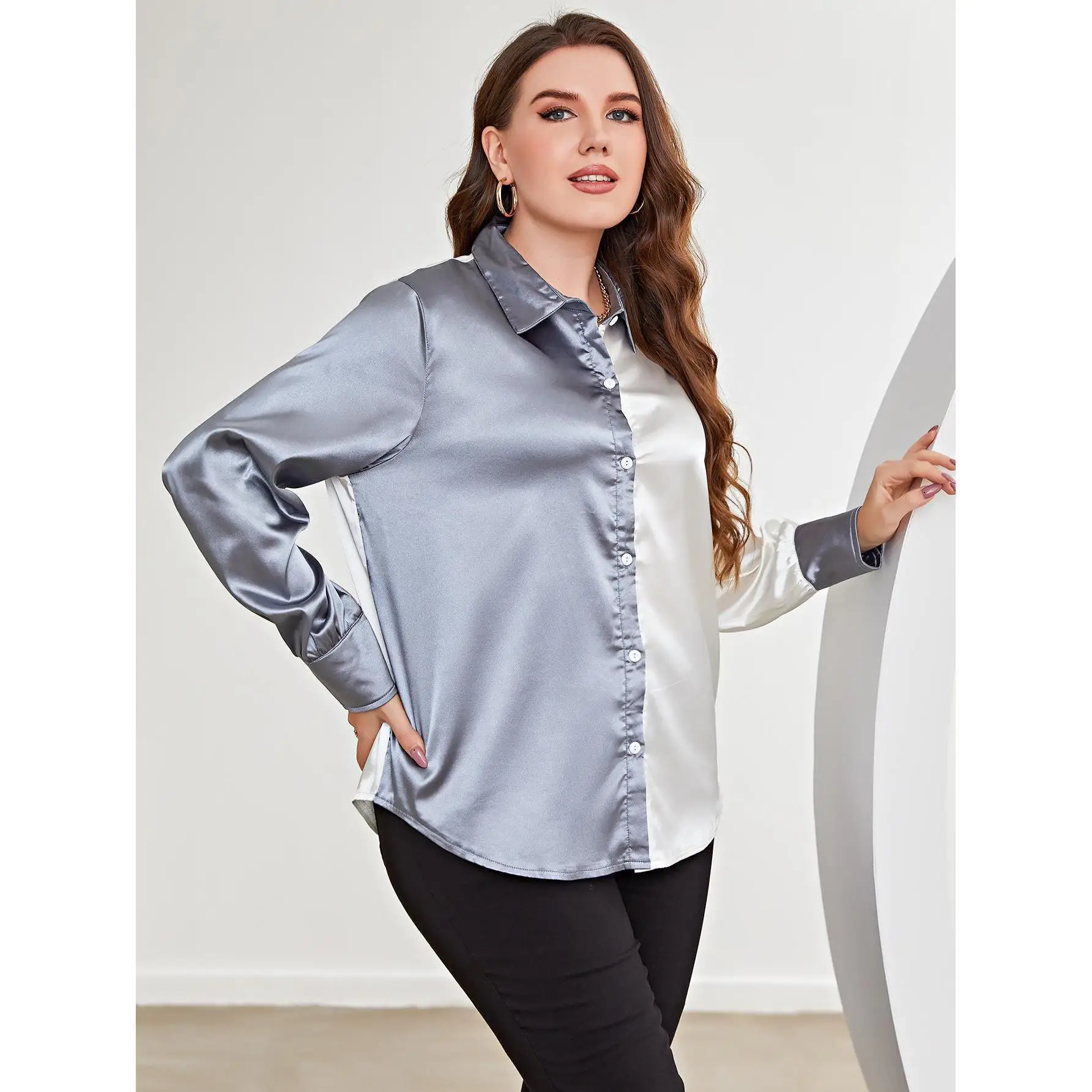 Wal Mart Women's Fashion Imitation Silk Contrast Long Sleeve Shirt Large T-Shirt Women