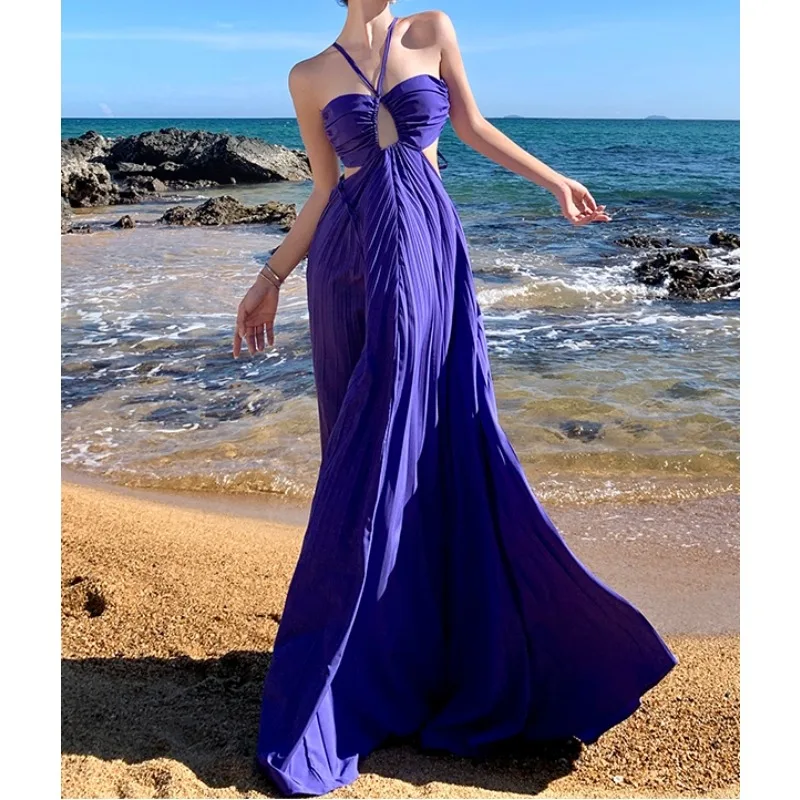 Sexy Hollow Out Halter Backless Slip Dress Chic Vintage Evening Party Club  Women Chic Summer Sweet Beach Pleated Long Dresses