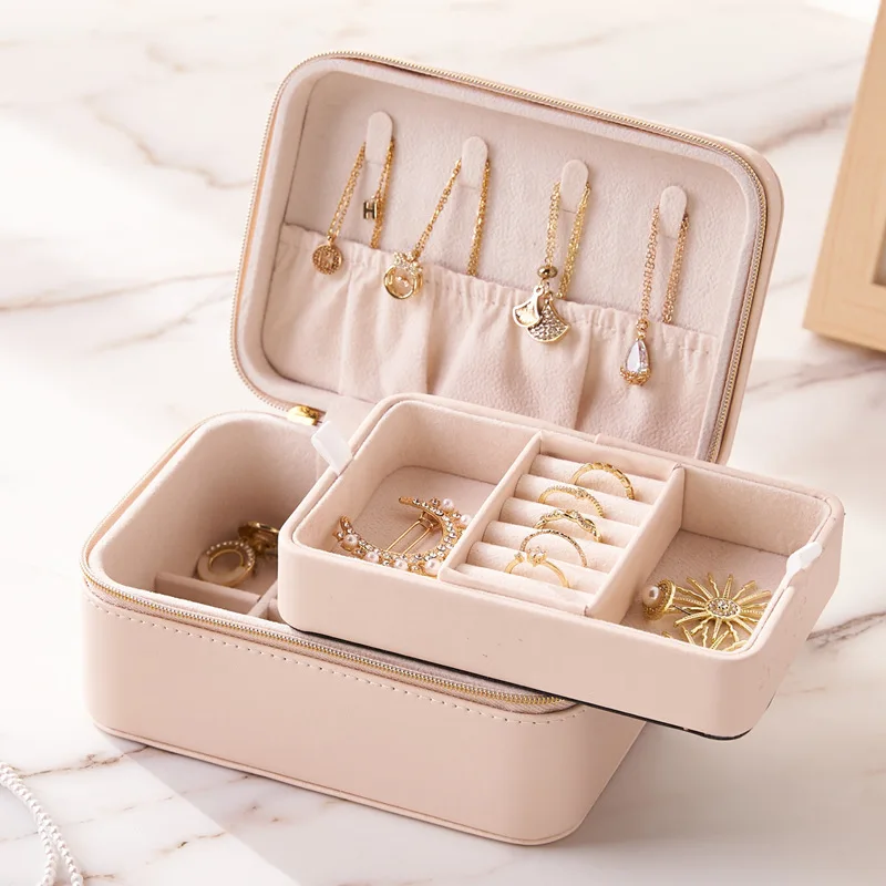 Jewelry Organizer Box Double Layer Storage PU Leather Desktop Holder for Necklace Ring Home Use Space Saving Durable Waterproof