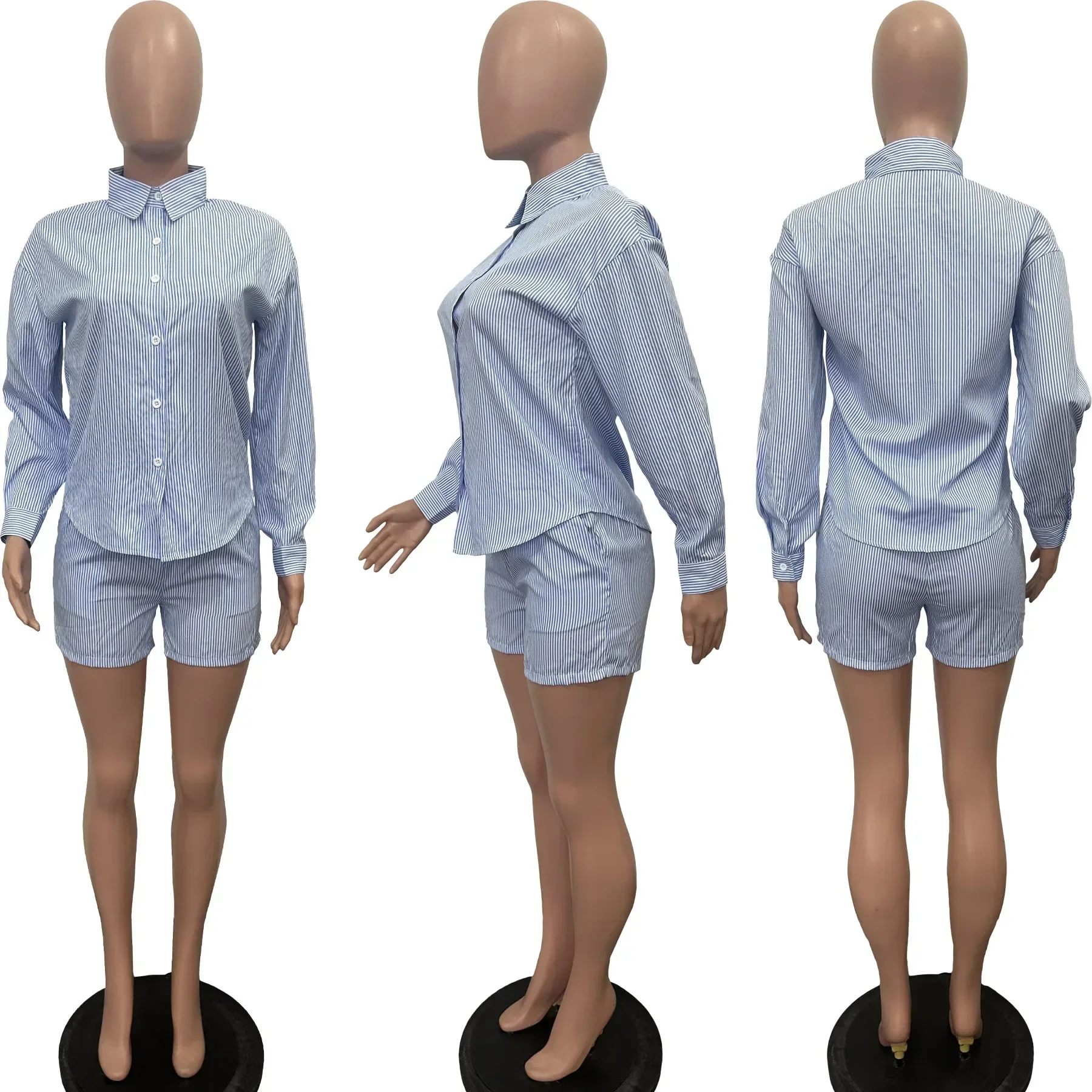 

Street Striped Print Women's Set Full Sleeve Shirt and Shorts Suit 2025 Cute Girl Summer Two 2Piece Set Outfit Tracksuit