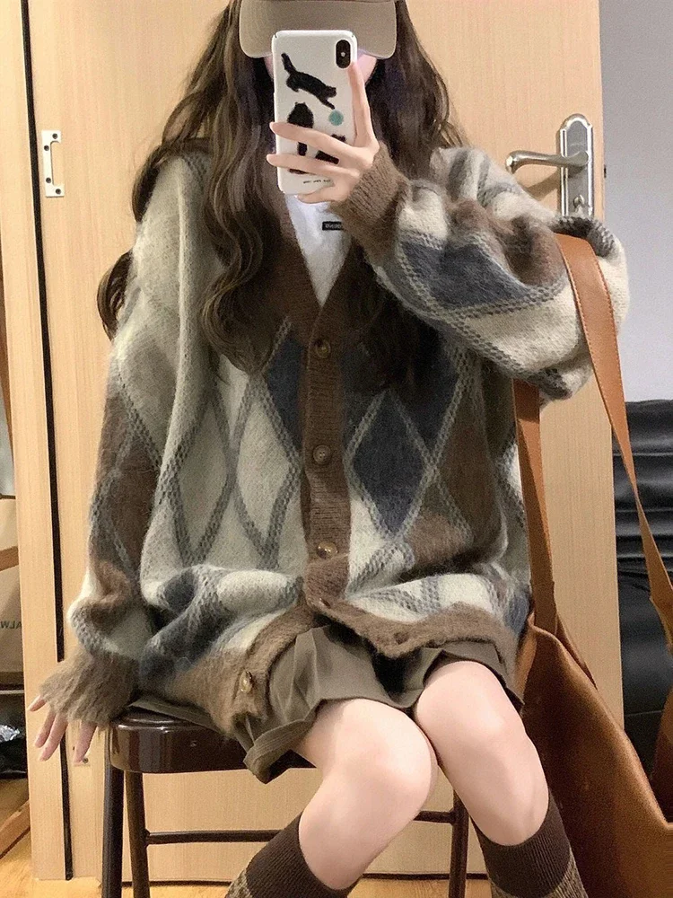 

Japanese Plaid Knitted Cardigan Fall Winter Women Vintage Loose Lazy Wind Sweaters Jacquard Sweet V Neck Casual Long Sleeve Tops
