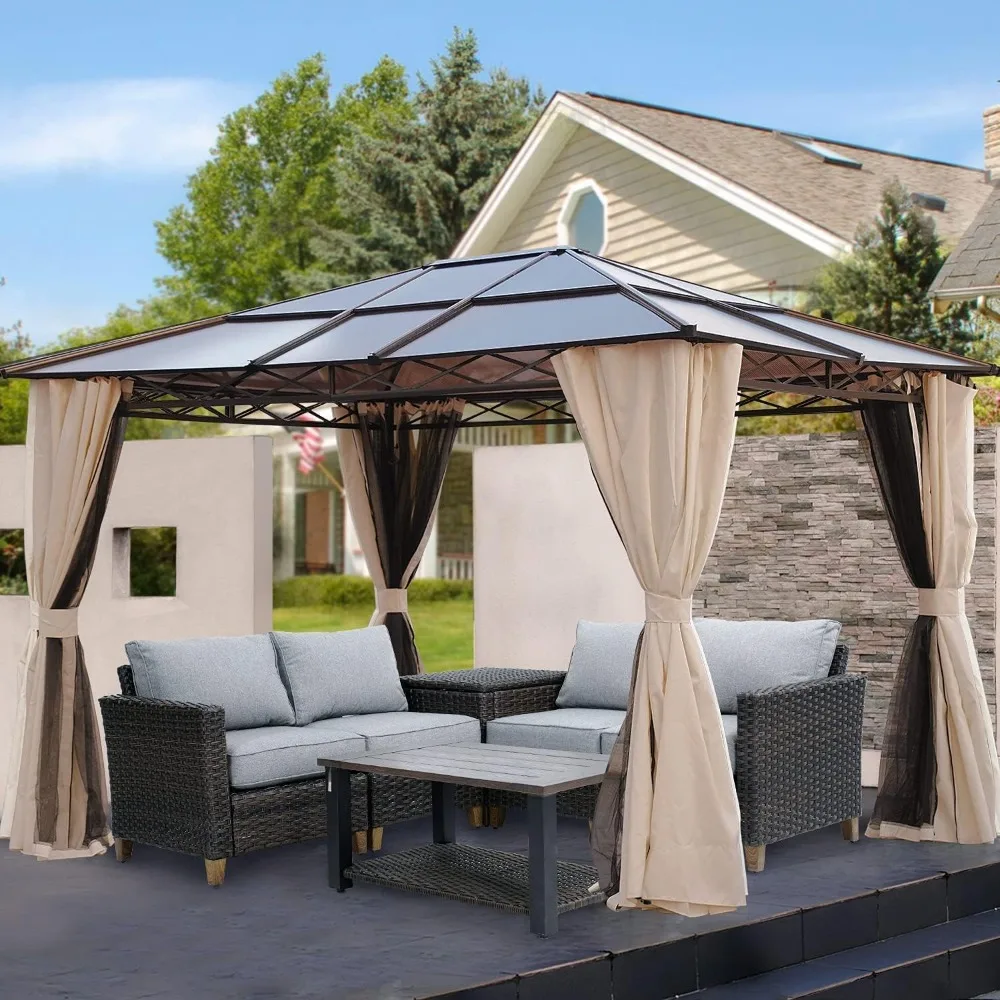 10x12 Gazebo, Hardtop Gazebo, Single Roof Pergolas Metal Aluminum Frame UV 50+ Outdoor Canopy with Mosquito Netting and Curtains