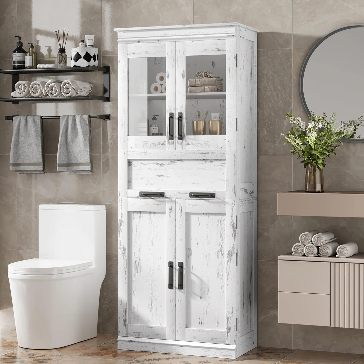 Moderner Farmhouse-Stil Hoher Aufbewahrungsschrank mit Glastüren - Freistehender Holz-Flurorganizer - Verstellbare Regale - Leinen-Vorratsschrank für Küche, Eingangsbereich, Wohnzimmer, Badezimmer