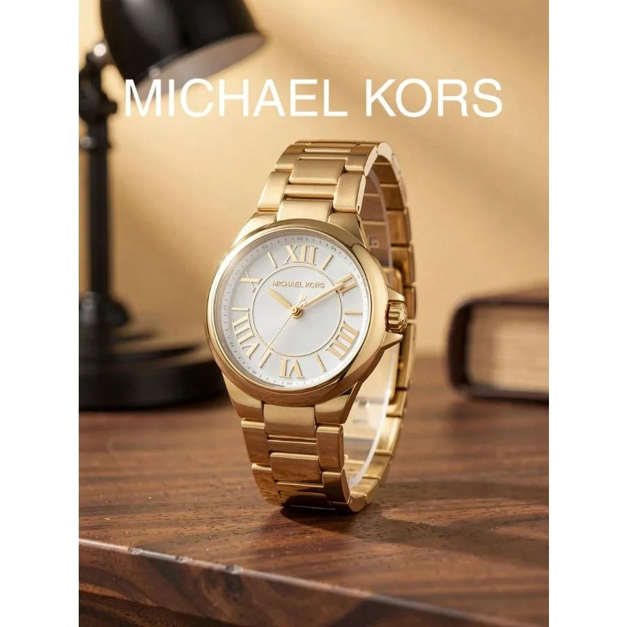 Michael Kors Women Quartz Watch Full Gold Steel Bracelet White Roman Numeral Dial Elegant Ladies Wristwatch Gift