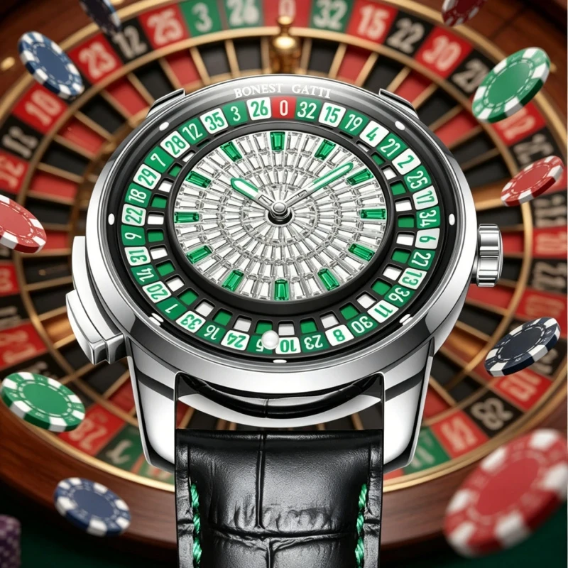 BONEST GATTI original authentic mechanical watch, diamond-faced betting wheel, button rotation, waterproof design, leather strap