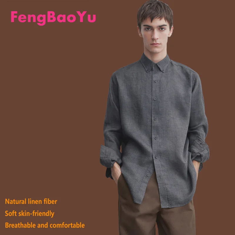 Fengbaoyu Linen Spring and Summer Men's Long-sleeved Shirt Black Casual Commuter Style Standard Comfortable Lightweight Cool Top