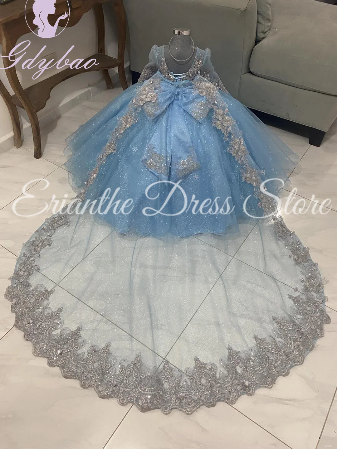 ชุดสาวดอกไม้สําหรับงานแต่งงานแขนยาวลูกไม้Tulleกับโบว์AppliqueสีขาวElegantเด็กFirst EucharisticวันเกิดPartyชุด