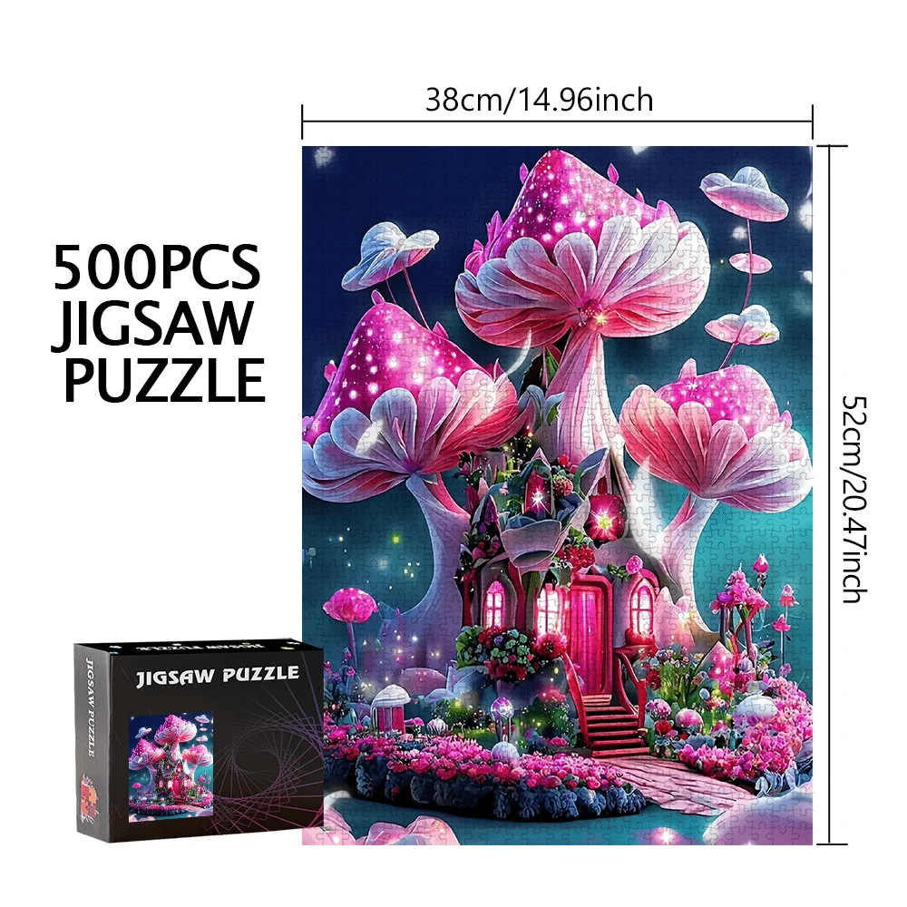 จิ๊กซอว์บ้านเห็ดมหัศจรรย์ 500/1000 ชิ้น - บ้านเรืองแสงและป่าเรืองแสงในยามค่ำคืน พร้อมเห็ดสีชมพูและสีขาว