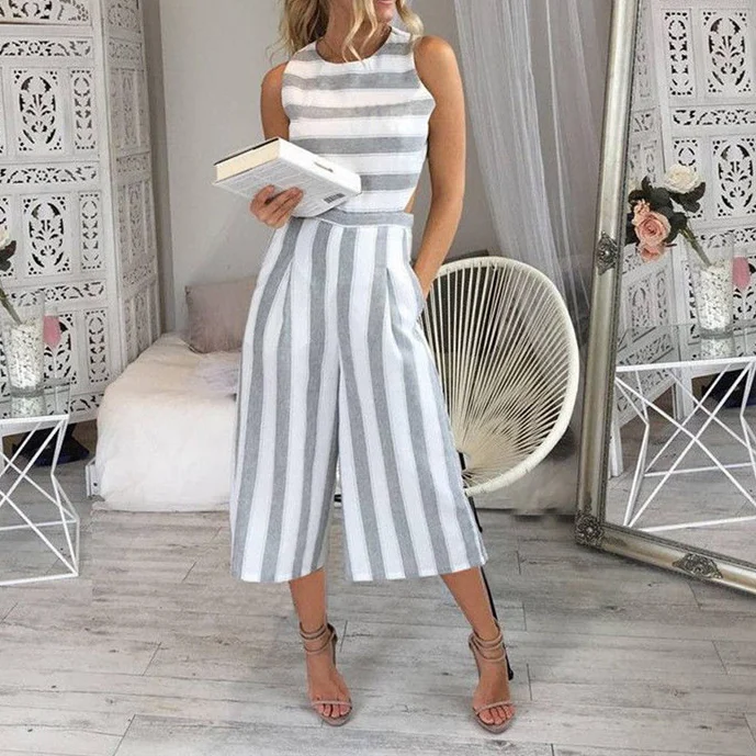 

Casual Elegant Women's Jumpsuit New Fashion Striped Sleeveless Cotton and Linen Backless Suspender Seven-point Wide-leg Jumpsuit