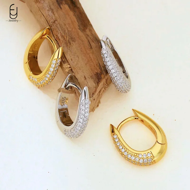 

925 Sterling Silver Needle Pavé Zirconia Hoop Earrings for Women Fashion U Shape/Round Geometry Earrings Party Fine Jewelry