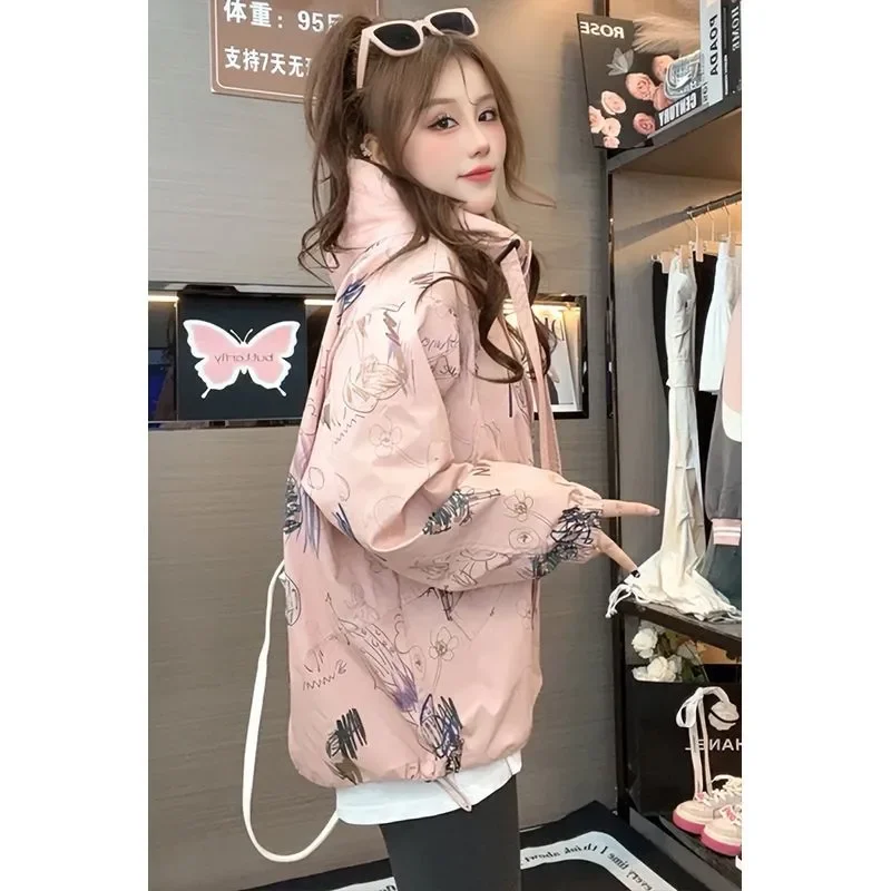 ملابس النساء ربيع الخريف موضة عادية الطباعة سستة الوقوف طوق الإناث كل مباراة تظهر رقيقة فضفاضة سترة معطف علوي