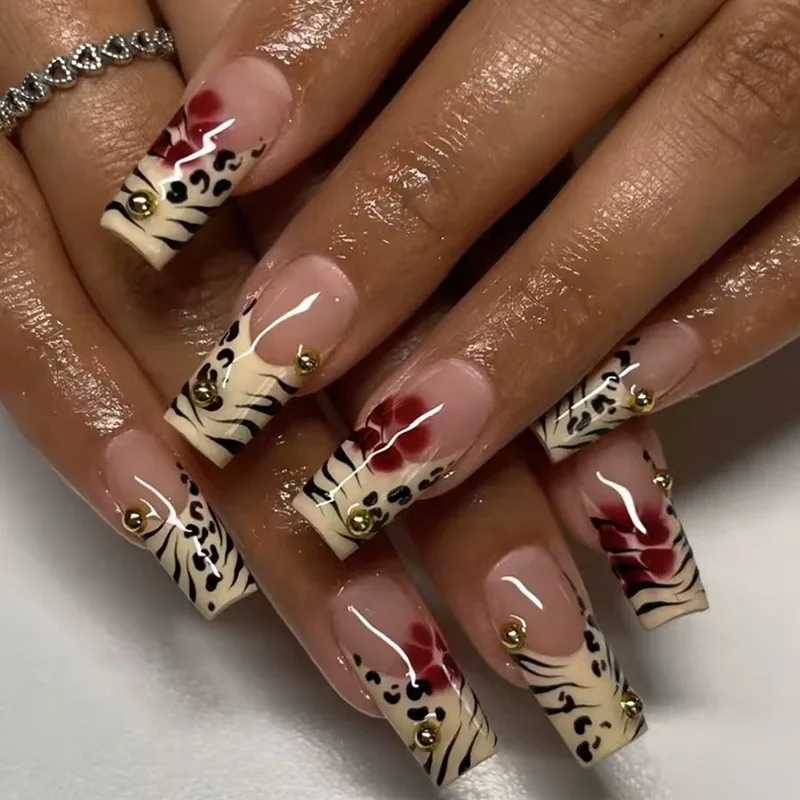

24pcs Cream Apricot Leopard & Floral Press-On Nails with Wine Red Flowers,Euro-American Style, Long Coffin Shape, Assorted Sizes