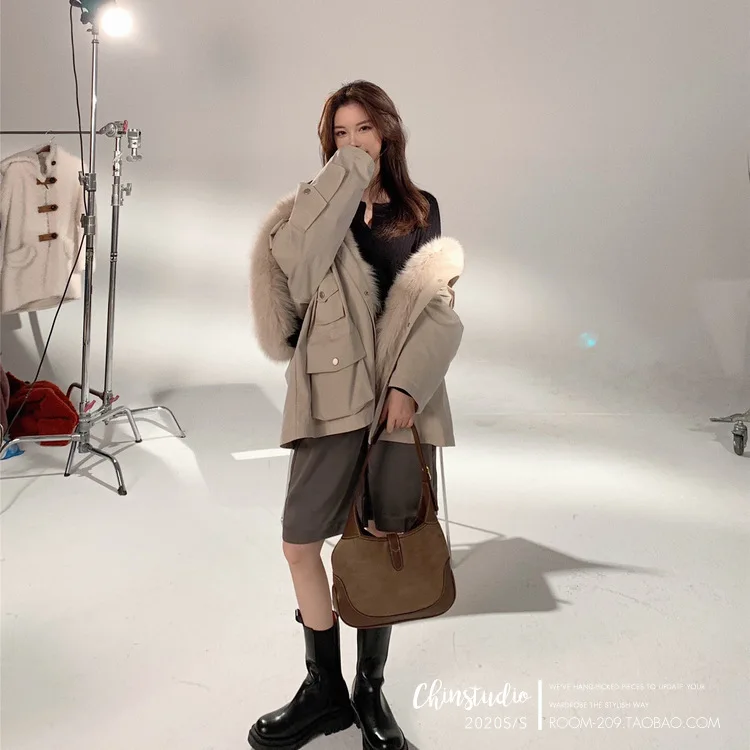 UMI MAO Women's Medium-Length Fox Parka Real Sheep Fur Collar Down Jacket With Detachable Liner Oversized Loose Fit Coat