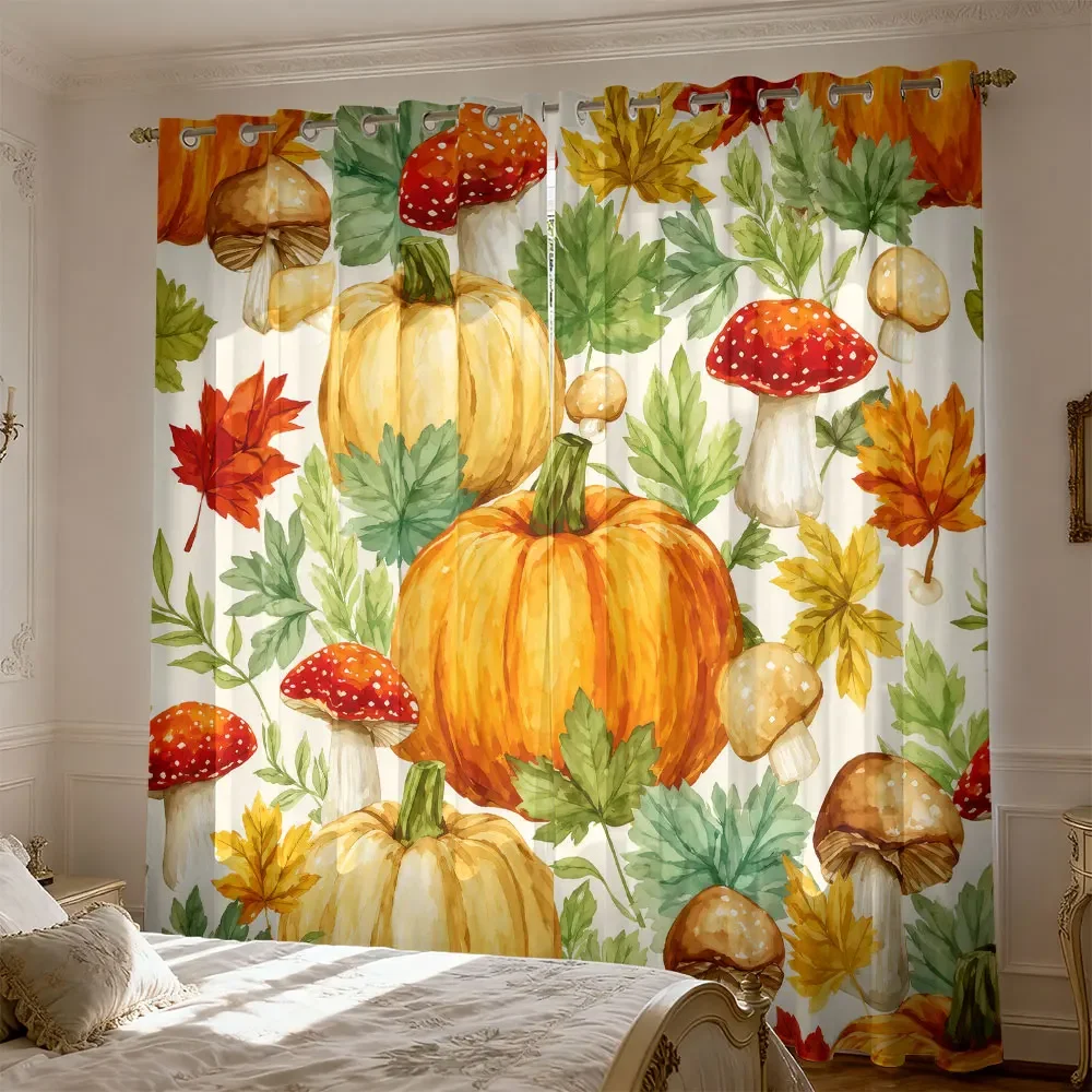 2pc autumn pumpkin, mushroom, and maple leaf printed curtains living rooms bedrooms light blocking home decoration