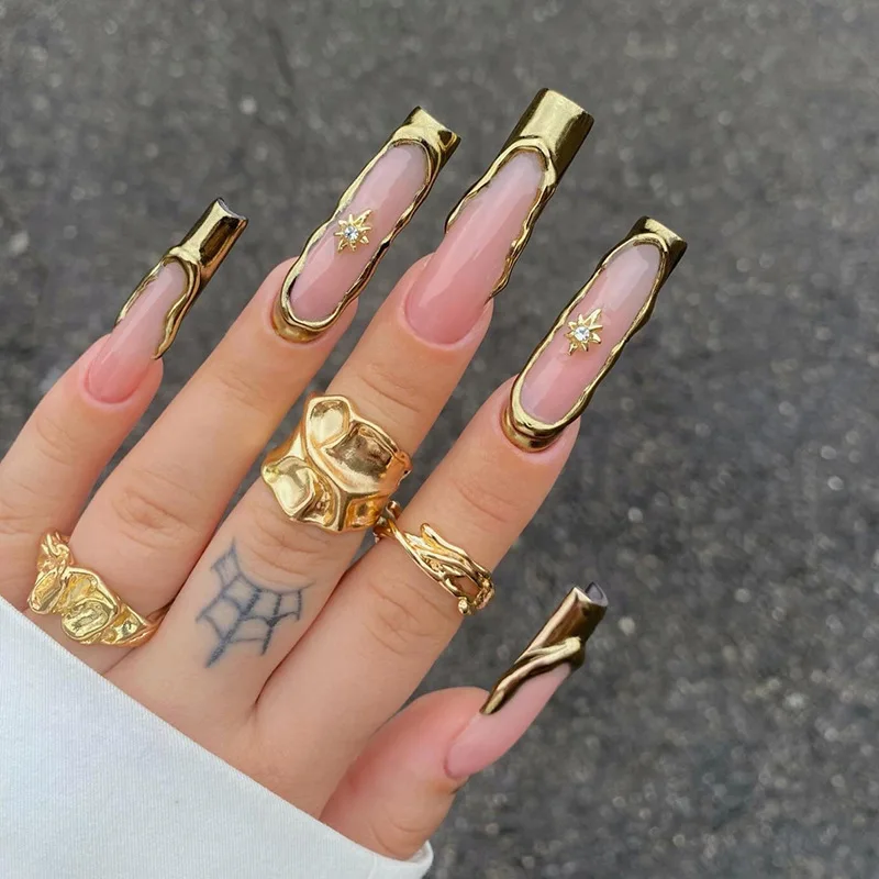 

24PCS Space French Tip Nails 3D Galaxy Pipe Press on Nails Chrome Stars & Crystal Nail Art Edgy Short Almond Fake Nails