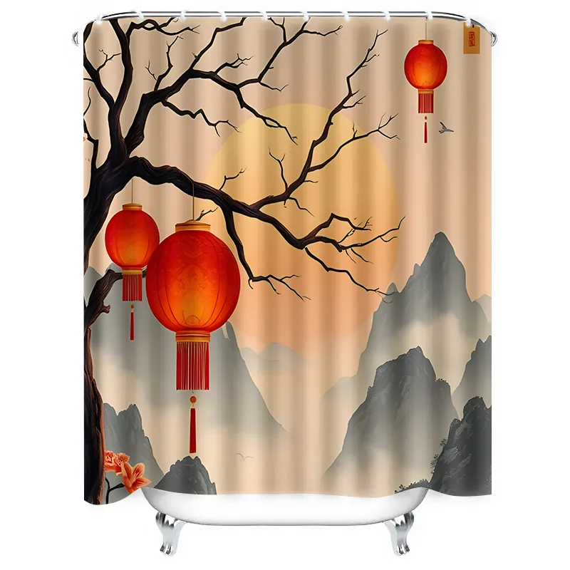 Elegant Chinese Style Shower Curtain with Red Lanterns and Mountain Landscape Design - Waterproof and Durable Home Decor