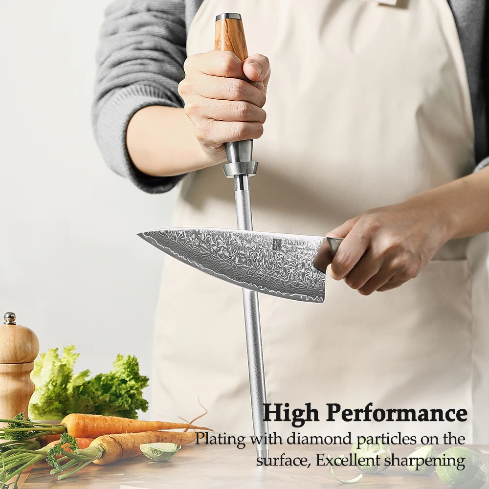 New XINZUO 228mm High Quality High Carbon Steel With Diamond Sharpeners Kitchen Knife Sharpening Rod Tool with Olive Wood Handle