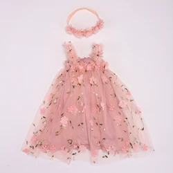 Toddler Baby Girls Tutu Dress Sleeveless Embroidery Floral Print Tulle Dress Little Girl Princess Dresses with Flower Headband