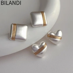 Bilandi Retro Jewelry 925 Silver Needle Matte Color Square Heart Stud Earrings For Women Girl Gift Elegant Accessories Hot Sale