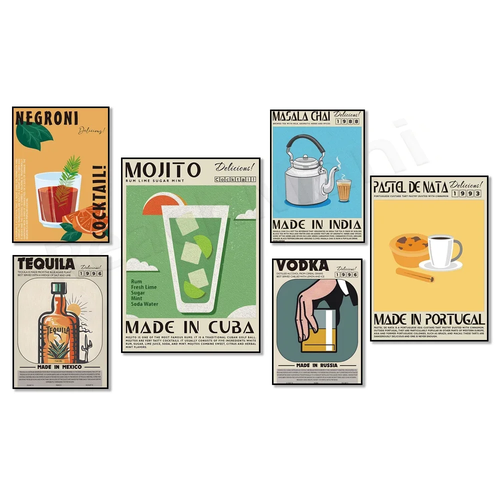 Divertido logo de cóctel, gin and tónico, martini, vodka, tequila, cartel artístico de pared de cóctel mojito, decoración moderna de cocina para bar en casa
