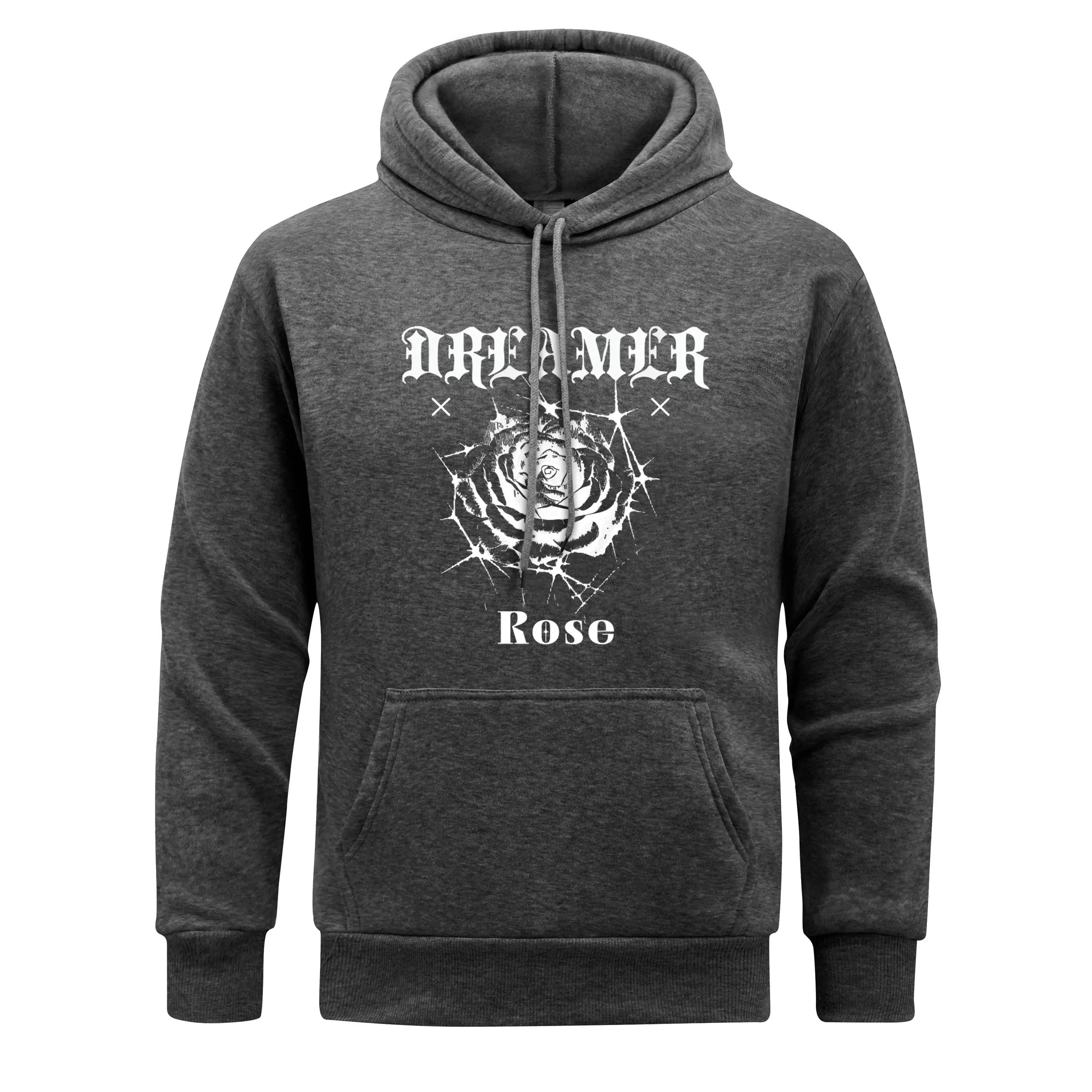 Beautiful White Rose Men Hooded Dreamer Letter Hoodie Fleece fur-liner Hoody Man Loose Spring Autumn Pullover