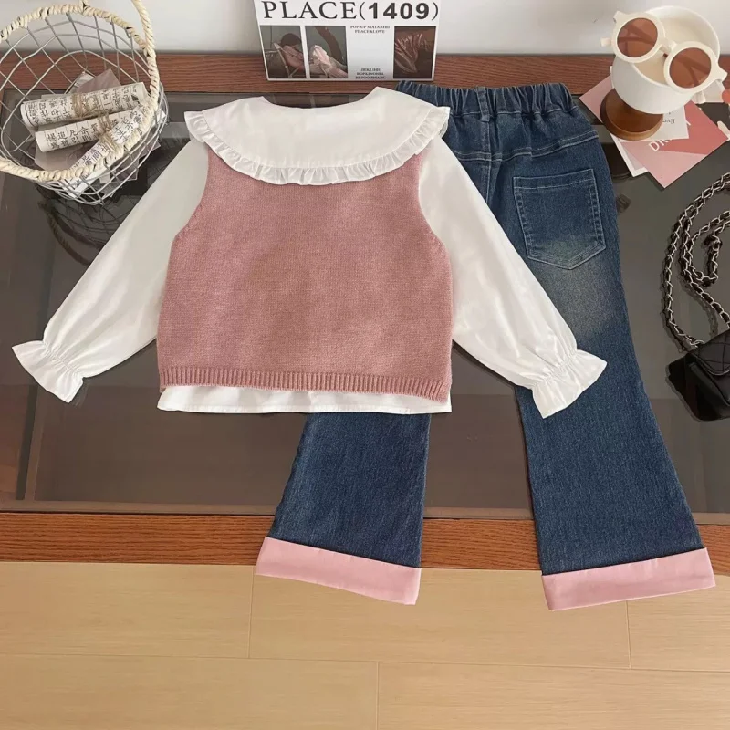 

Girls' Stylish Long Pants Set2025Spring and Autumn New Children's Sweater Vest Shirt Jeans Three-Piece Set