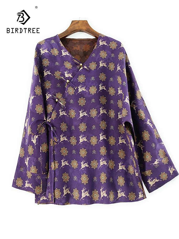 

Элегантная блузка BirdTree-32MM из водного шелка, с V-образным вырезом и мультяшным оленем, винтажная свободная женская блузка для повседневной носки, весна 2026, T61558CC