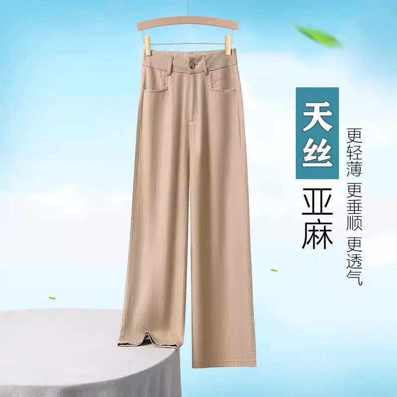 

Tencel Linen Pants Women's Thin Loose Straight High Waist Slimming Small Cropped Wide-Legged Cotton and Linen Casual Pants