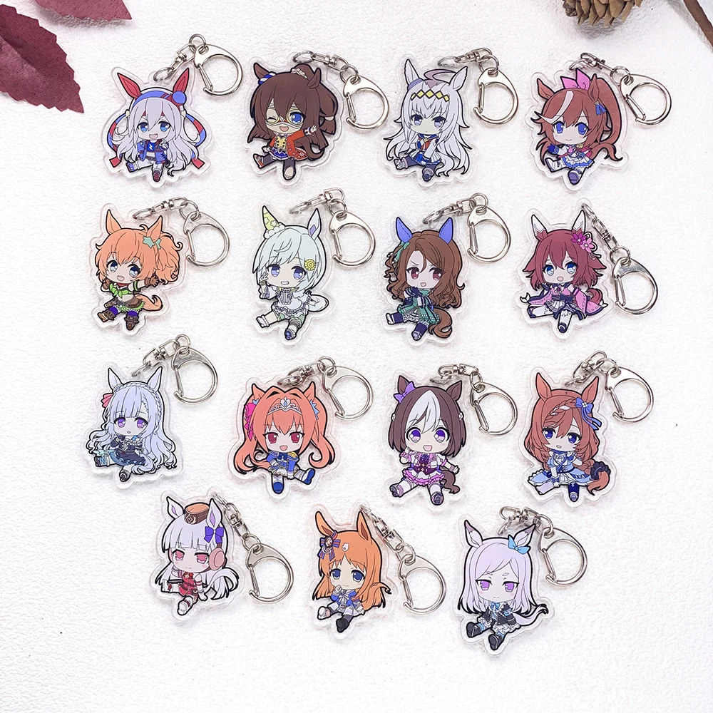 1/15Pcs Anime Figures Pretty Derby Keychain Accessories Acrylic Cute Charms Pendant For Bag Funny Key Holder Backpack Decoration