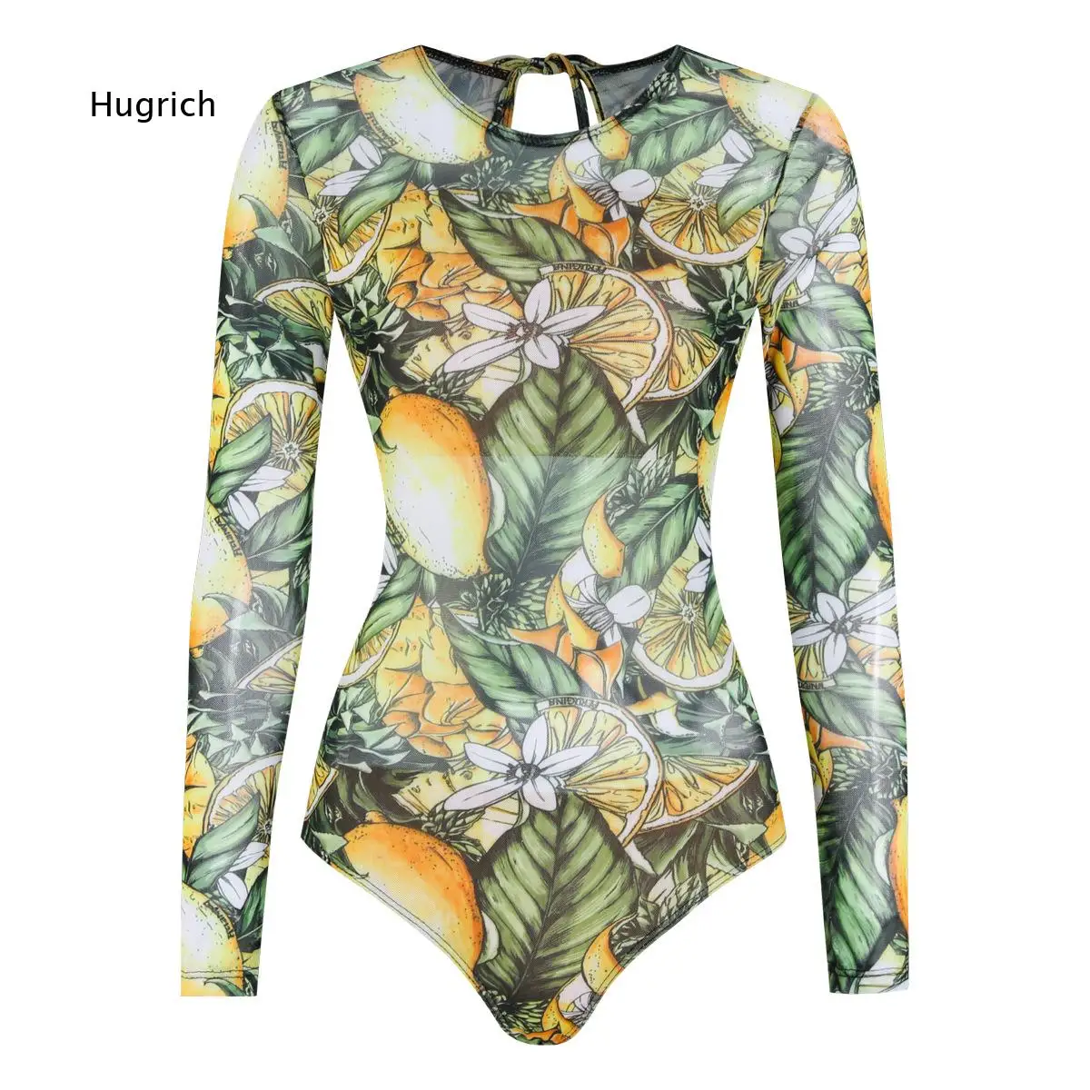 Women One Piece Swimwear Vivid Tropical Lemon Plant Print Long Sleeve Mesh Sheer With Back Tie For Beach Holiday Pool Party