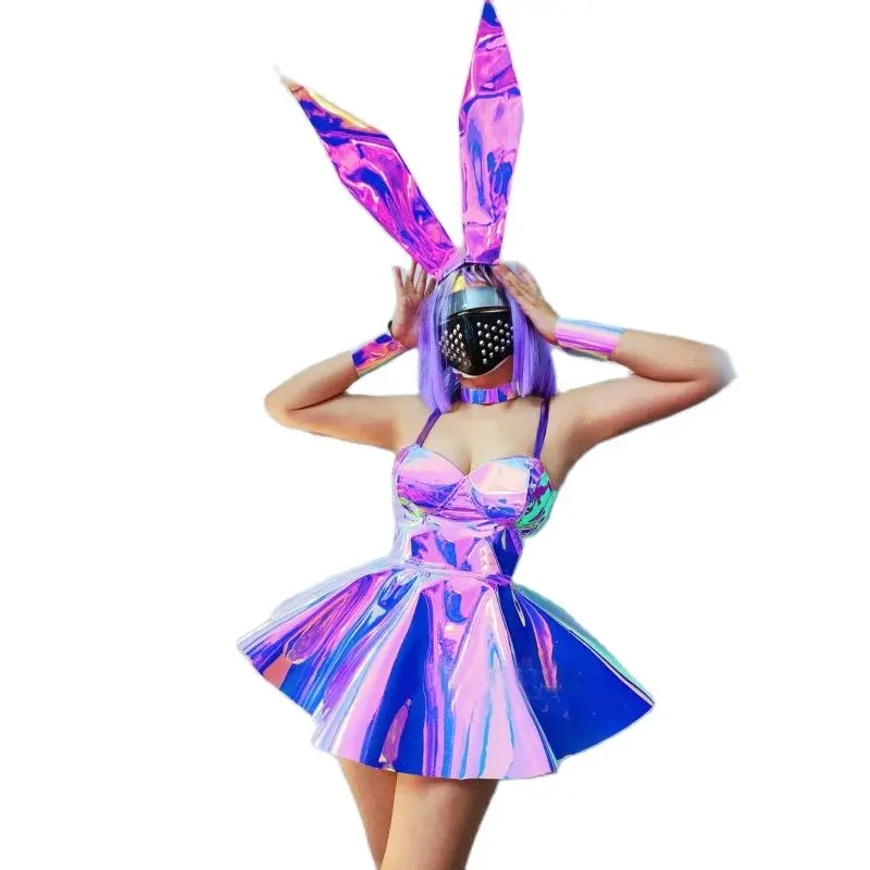 Women Prom Dress Purple Laser Dress Animals Headwear Bar Nightclub Dj Ds Gogo Costume Stage Pole Dance Festival Outfit