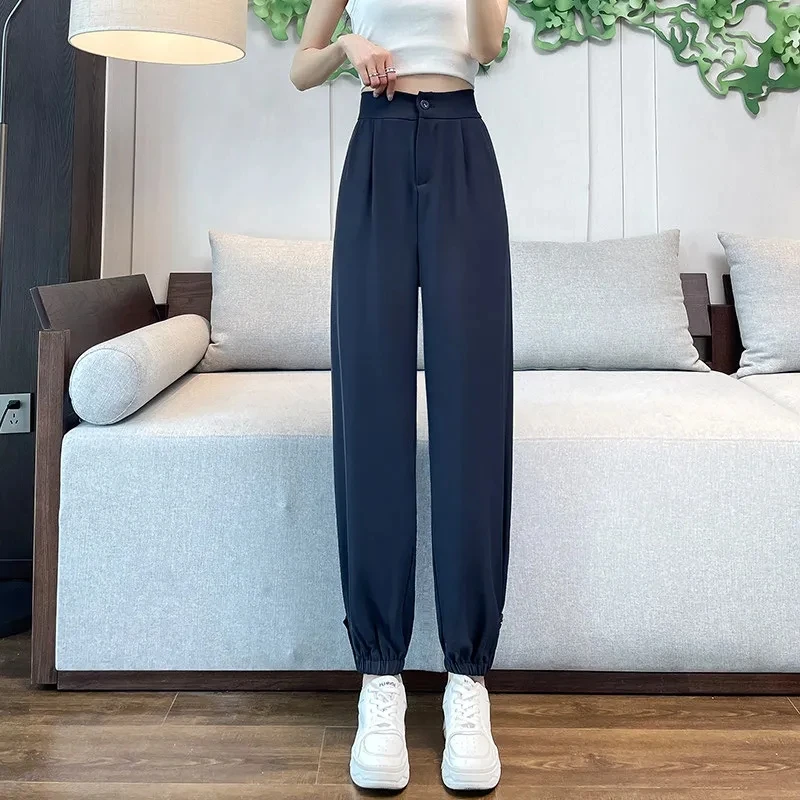 2024 Female Ice Shreds High Waisted Sports Pants Ladies High Waisted Radish Trousers Korean Women Solid Color Workwear Pantalons