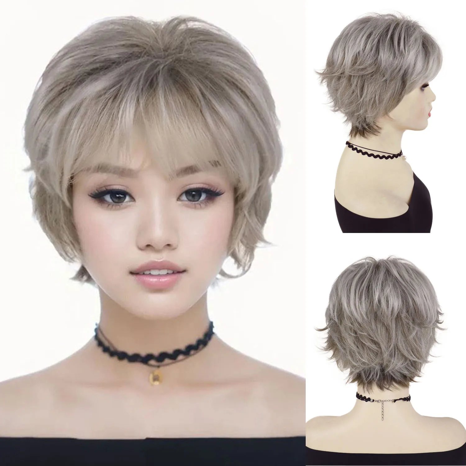 

Пепельно-русый парик Old Lady Синтетический короткий парик с стрижкой пикси с челкой для женщин Mommy Hair Natural Look Повседневный стиль Ежедневное использование