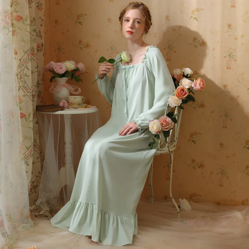 Sweet Cotton Night Dress Women Solid Color Long Sleeve Robe Peignoir Sleepwear Princess Nightwear Victorian Vintage Nightgowns