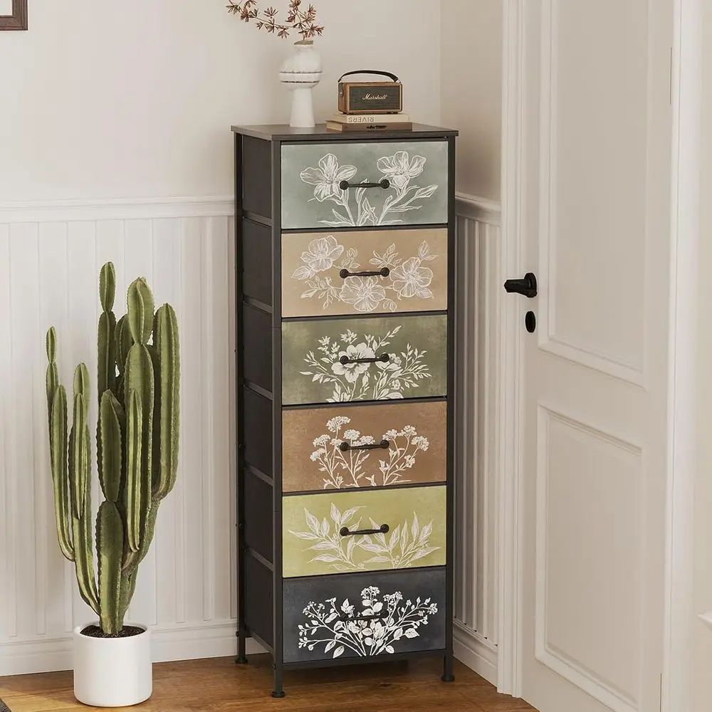 Rustic 6-Drawer Vintage Nightstand with Neutral Botanical Fabric for Bedroom Storage