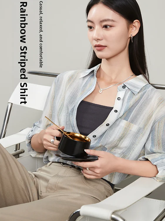 

Rainbow Tead Loose Fit Long Sve Women's irt Casual Commute Sle Striped Cotton Linen Blend Button up irt