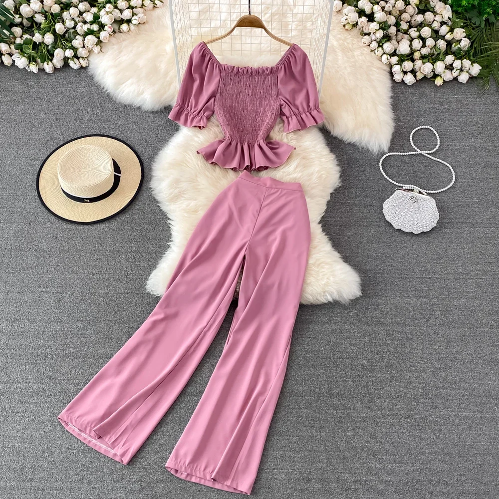 2024 Women Summer Fashion Casual Pants High Waist Drape Wide Leg Pants Square Collar Pleated Short Blouse Two-piece Suit Female