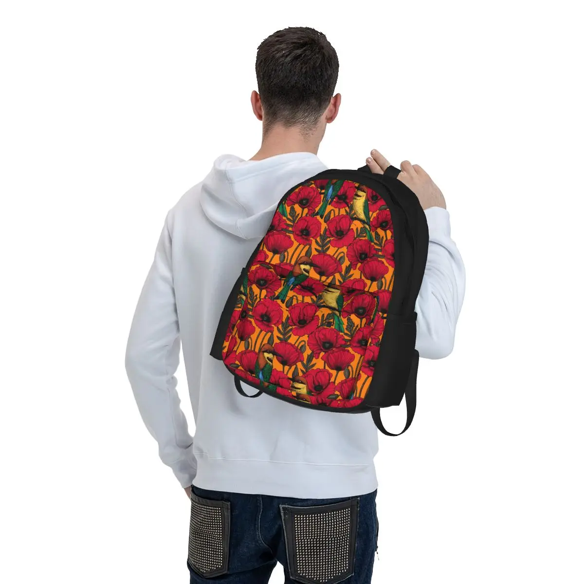 Birds Flower Backpack Unisex Bee Eaters And Poppies Pattern Backpacks Polyester Cool School Bags Trekking High Quality Rucksack