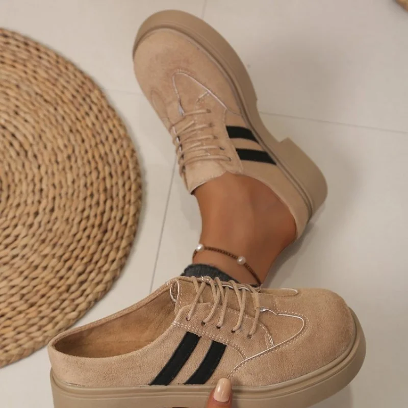 

Women's Platform Retro German Training Shoes, Beige Suede Two-Way Mules, Casual Chunky Sneakers