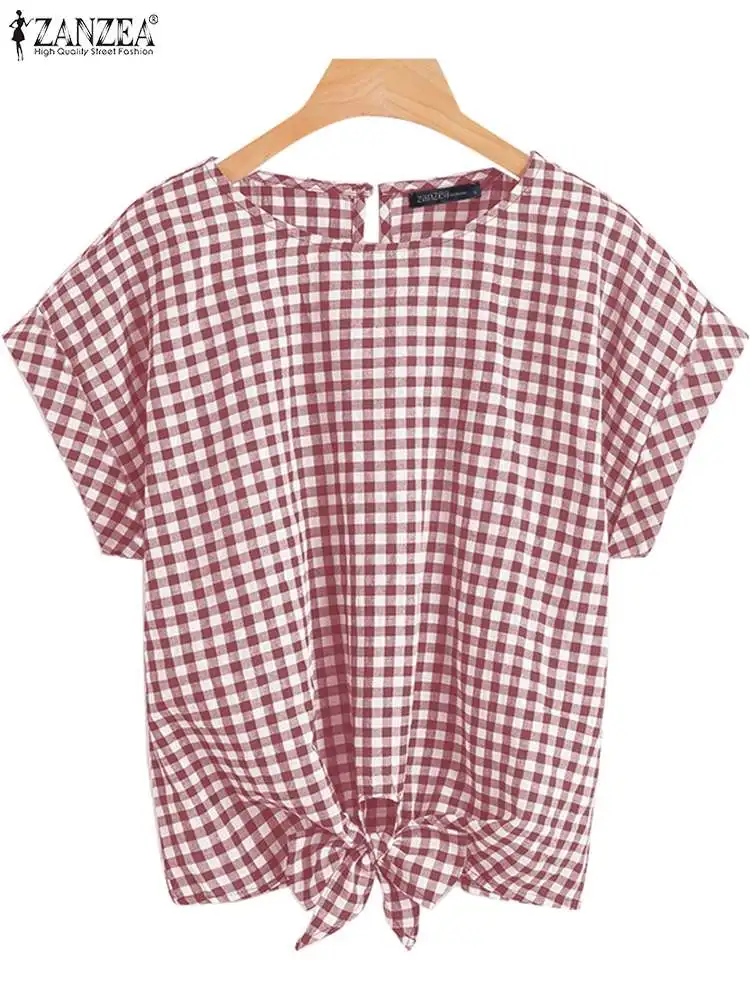 

ZANZEA Plaid Short Sleeve Blouses Checked Stylish 2024 Spring Summer O-neck Blusa Bow Hem Casual Fashion Women Tops Loose Shirts