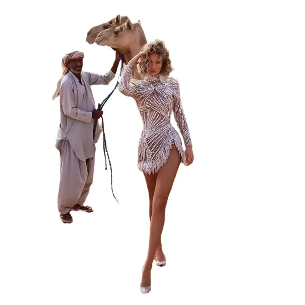 섹시한 긴팔 원피스, 금과 실버 프린지 스플리, 유럽과 미국 여성 의류, 용수철 여름 신상