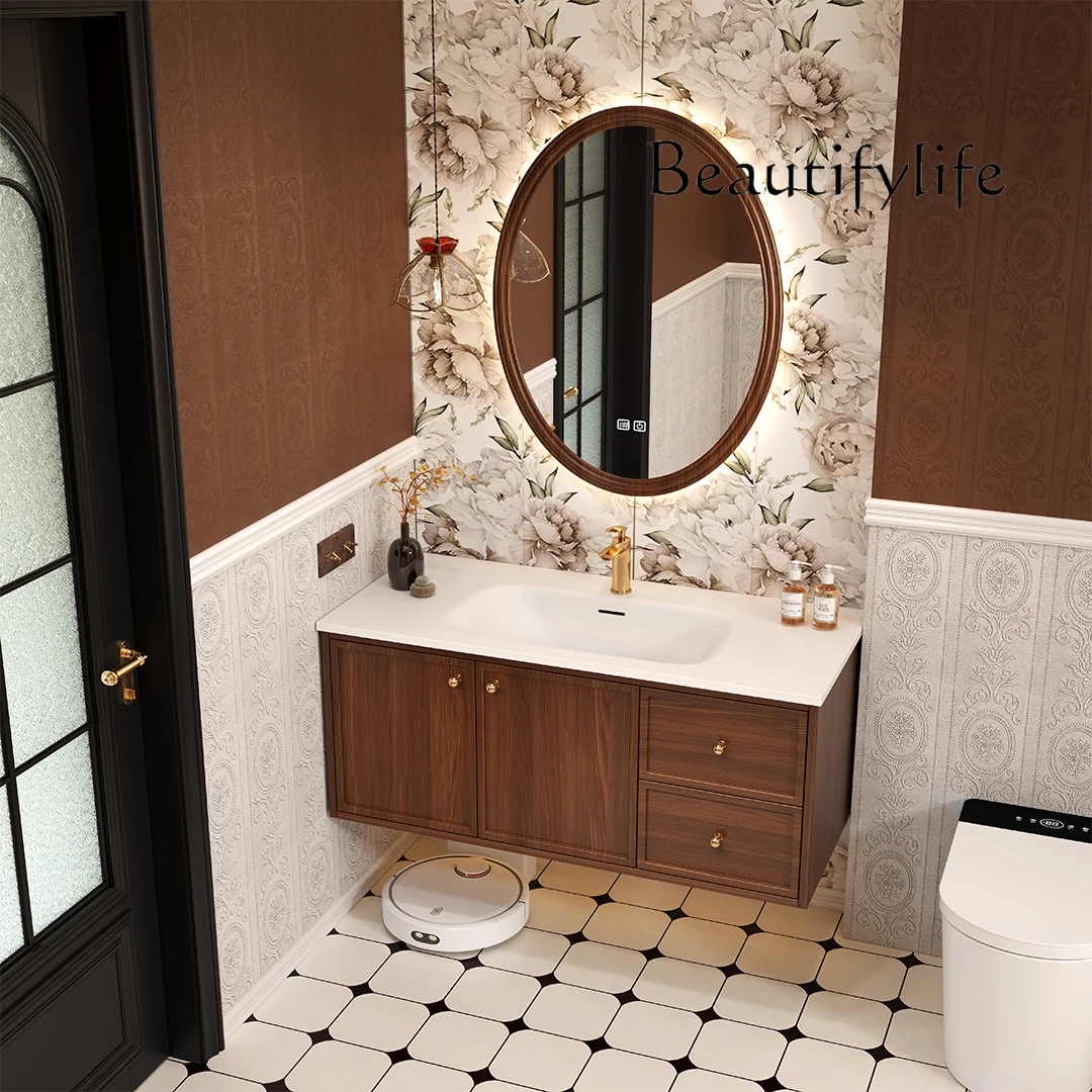 Medieval walnut bathroom cabinet Corian integrated rock slab seamless ceramic hand wash basin