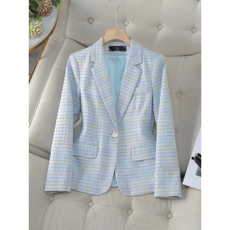 Plaid Women Suit Blazer Office Ladies manica lunga viola blu verde giallo giacca femminile cappotto con un bottone per l'autunno primavera