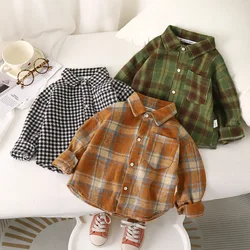 2024 Autumn Children Boys Plaid Shirts Cotton Turn Down Collar Casual Toddler Kid Boy Coat Loose Long Sleeve Infant Baby Boy Top