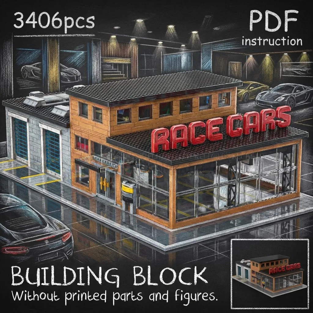 

Современный автосалон-шоурум: модель из блоков MOC с стеклянным фасадом и сервисным центром (архитектурный набор)