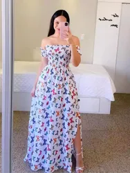 Elegant Women's Off Shoulder Midi Dress 2024 Summer Fashion Dresses High Waist Flower Print Short Sleeve Vestidos Robe Clothing