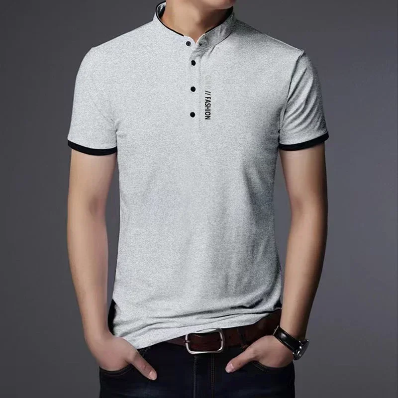 Men's Casual and Fashionable Solid Color Short Sleeved Stand Up Collar T-shirt Summer Versatile and Comfortable Top